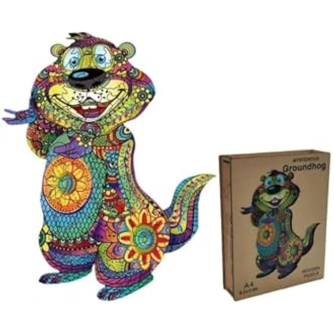 WOODEN JIGSAW PUZZLES, 3D WOODEN ANIMALS SHAPED PUZZLES, BEST GIFT FOR ADULTS AND KIDS DIY PUZZLE PIECE, COLORFUL UNIQUE SHAPED GROUDHOG PUZZLES A4-8.2 X 11.6IN - Image 1